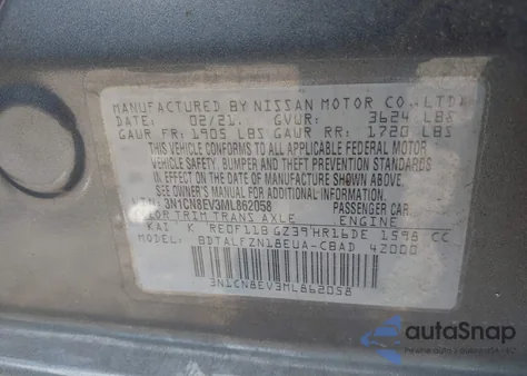 2021 Nissan Versa Sv Xtronic Cvt из США, поврежденный, VIN 3N1CN8EV3ML862058